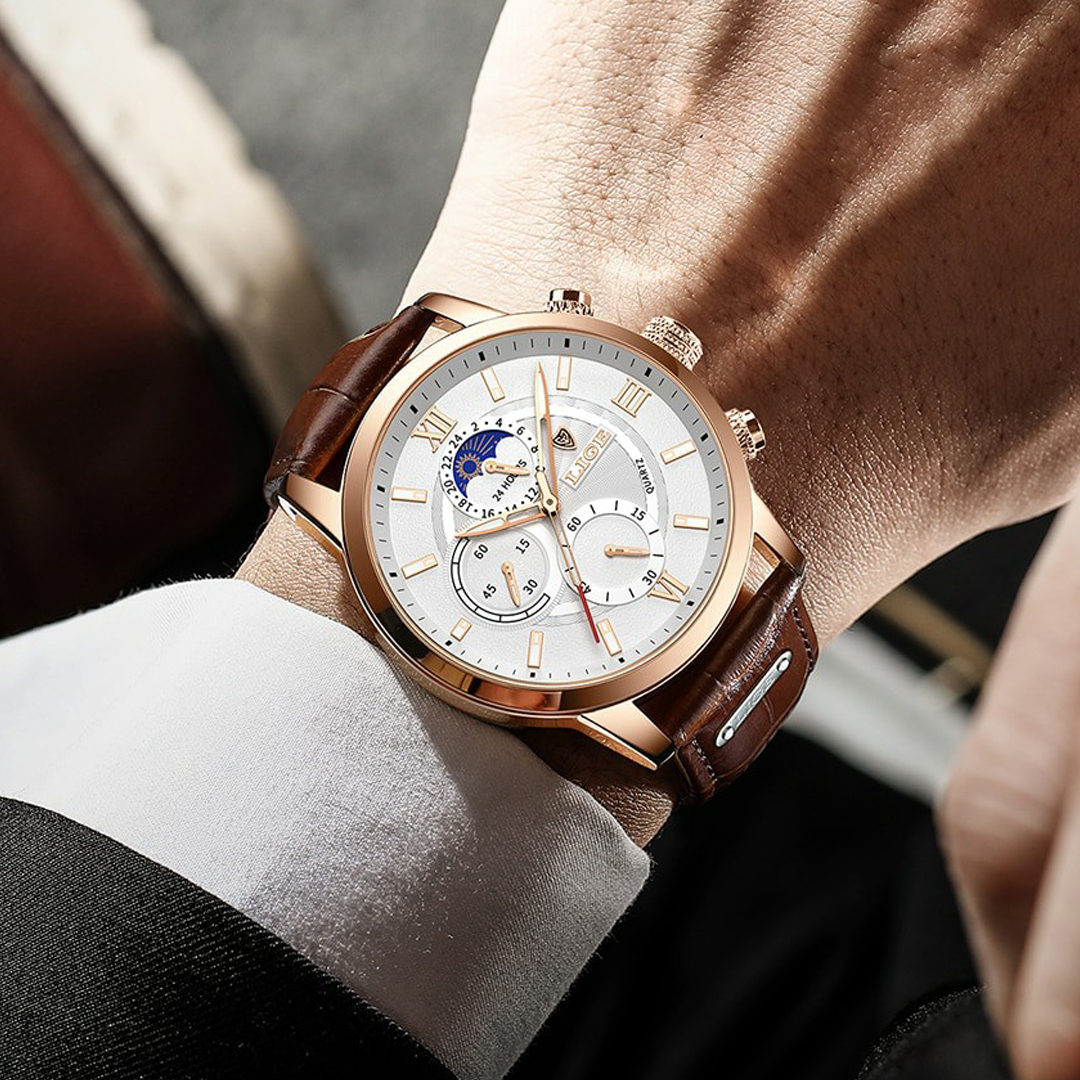 Waterproof leather sport military quartz chronograph watch men watch image 2