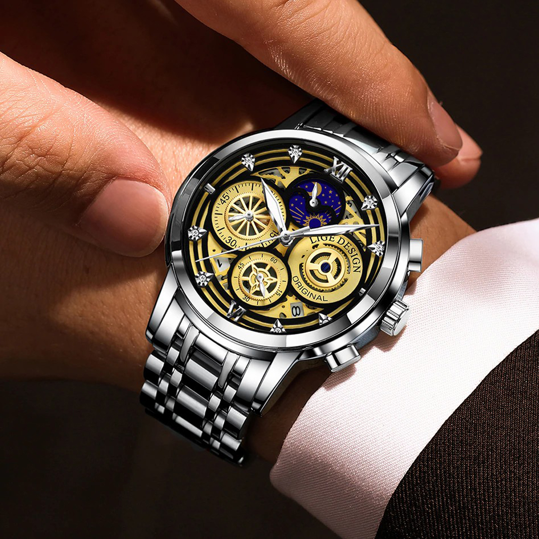 LIGE-stainless steel analog watch for men